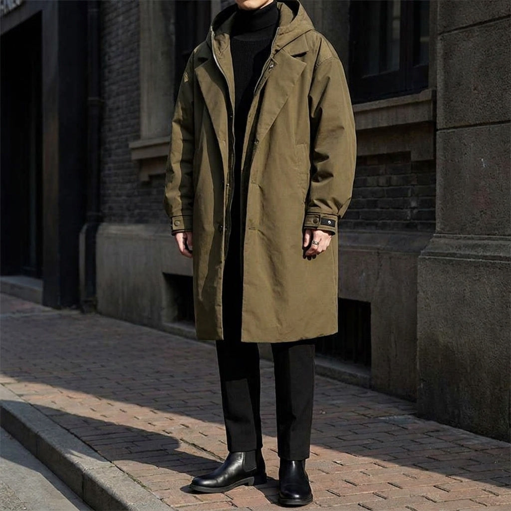 Kensington Overcoat — Army Green, lifestyle close crop on model