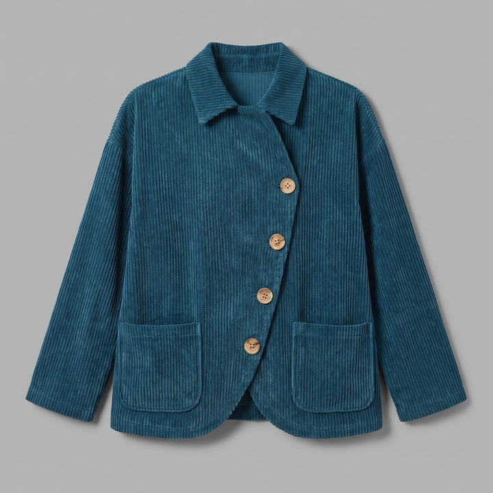 Asiago Corduroy Jacket — Blue, jacket laid flat from the front on a grey seamless background, showing the single diagonal row of four buttons, turn-down collar and two lower patch pockets