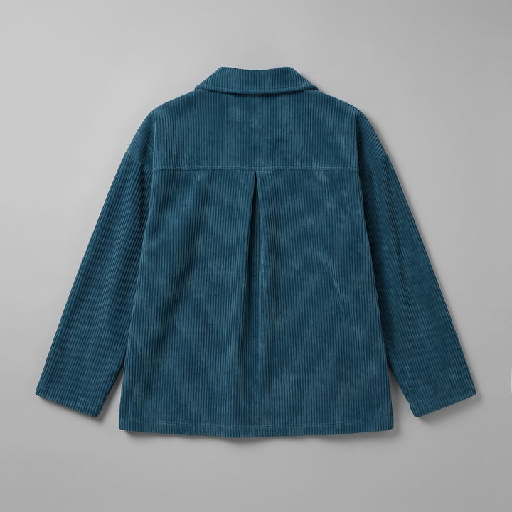 Asiago Corduroy Jacket — Blue, jacket laid flat from the back on a grey seamless background, showing the back yoke and centre pleat