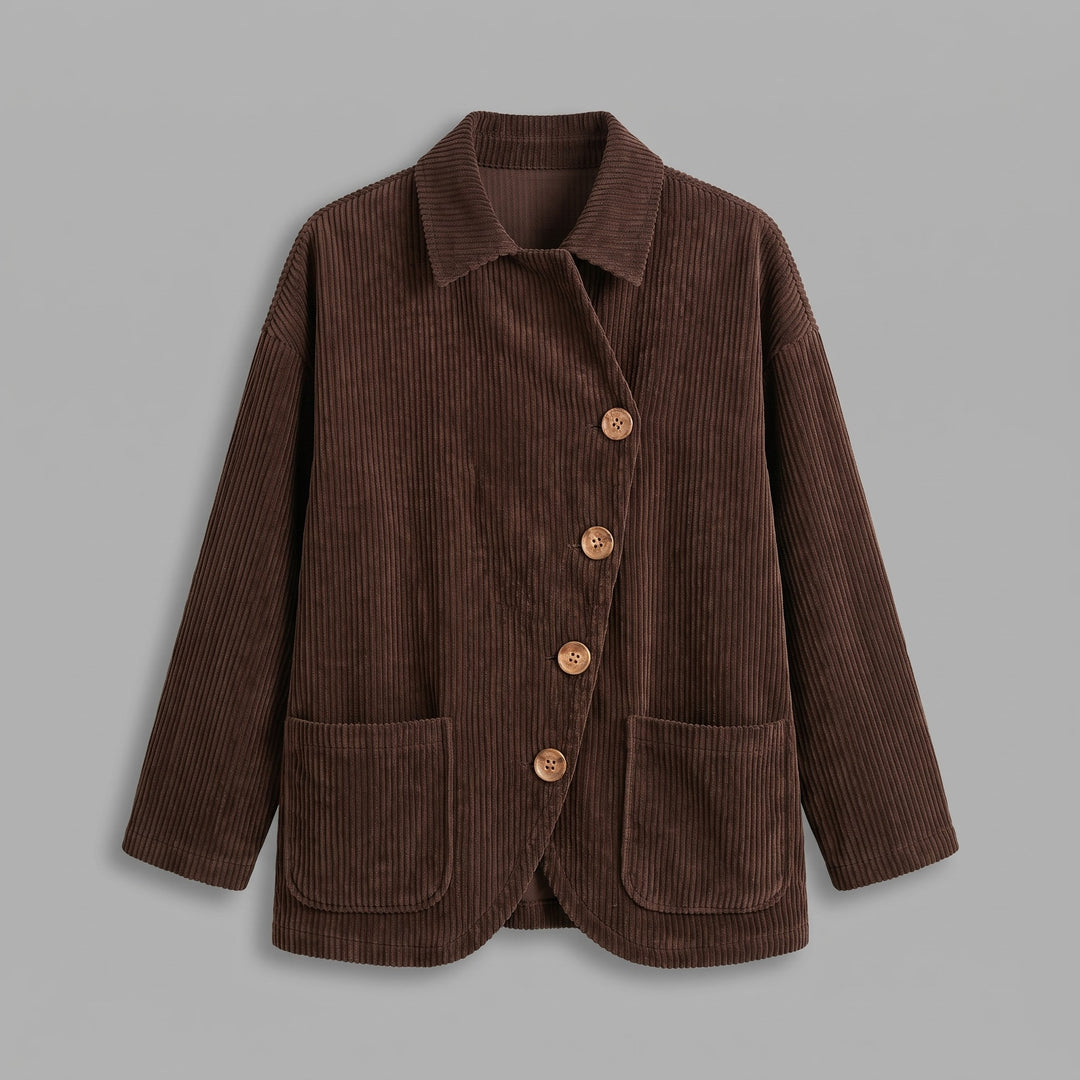 Asiago Corduroy Jacket — Brown, jacket laid flat from the front on a grey seamless background, showing the single diagonal row of four buttons, turn-down collar and two lower patch pockets