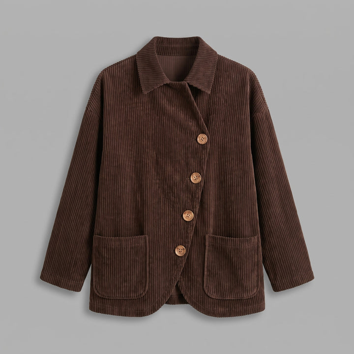 Asiago Corduroy Jacket — Brown, jacket laid flat from the front on a grey seamless background, showing the single diagonal row of four buttons, turn-down collar and two lower patch pockets