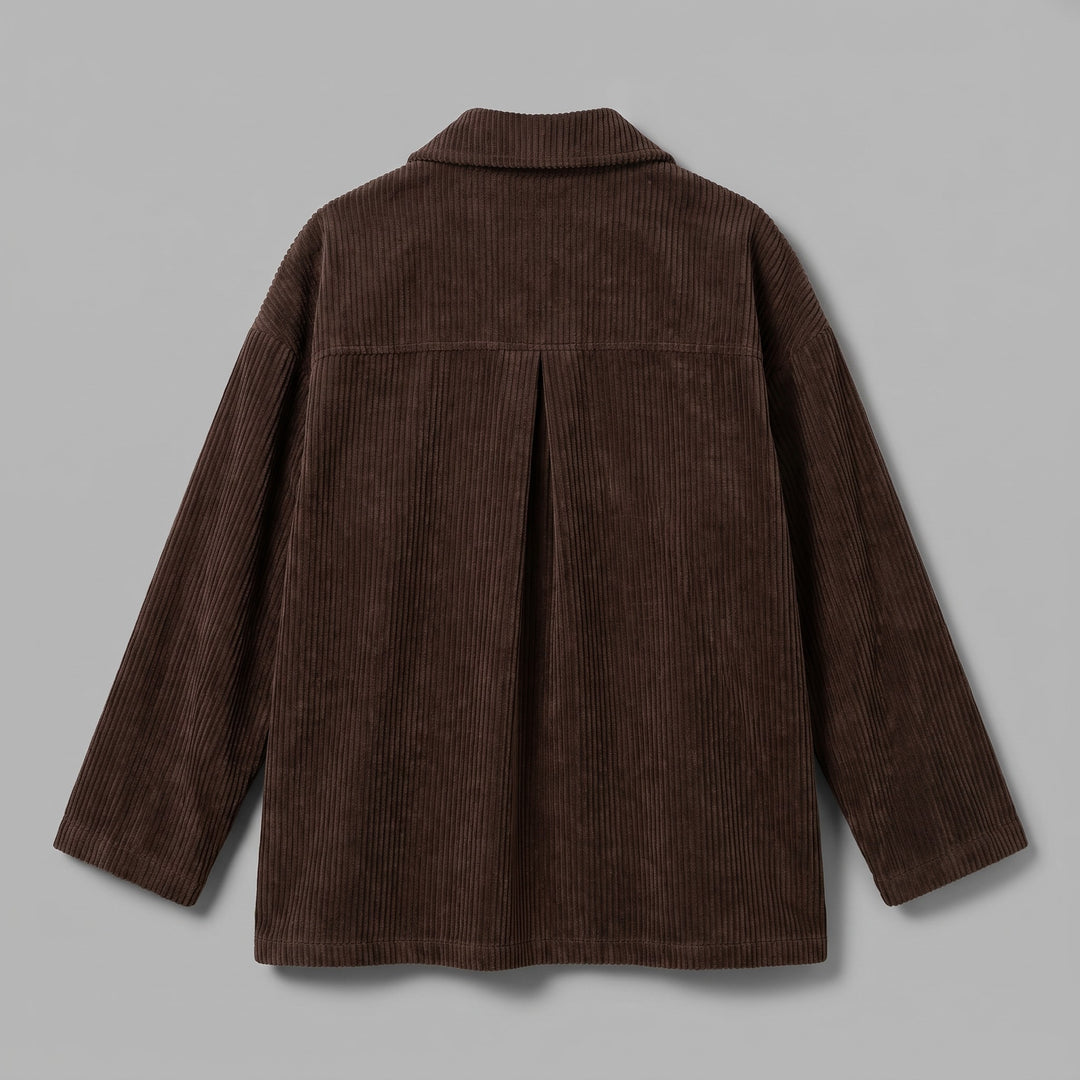 Asiago Corduroy Jacket — Brown, jacket laid flat from the back on a grey seamless background, showing the back yoke and centre pleat