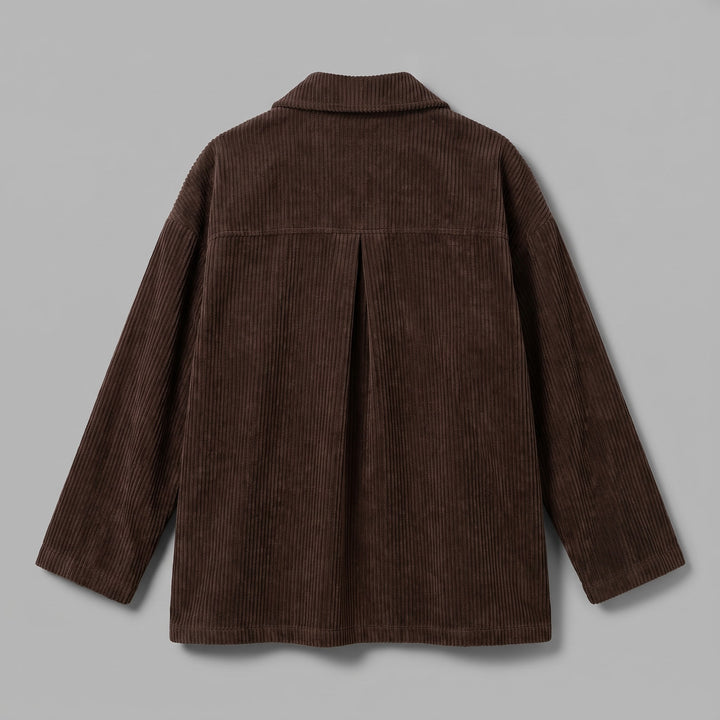 Asiago Corduroy Jacket — Brown, jacket laid flat from the back on a grey seamless background, showing the back yoke and centre pleat