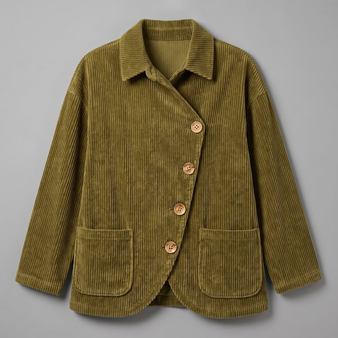 Asiago Corduroy Jacket — Olive, jacket laid flat from the front on a grey seamless background, showing the single diagonal row of four buttons, turn-down collar and two lower patch pockets