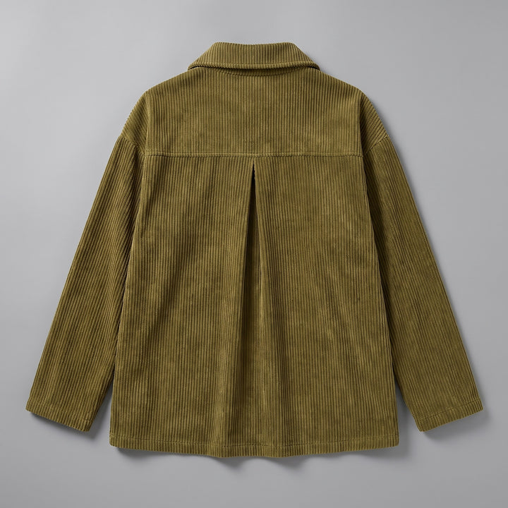 Asiago Corduroy Jacket — Olive, jacket laid flat from the back on a grey seamless background, showing the back yoke and centre pleat