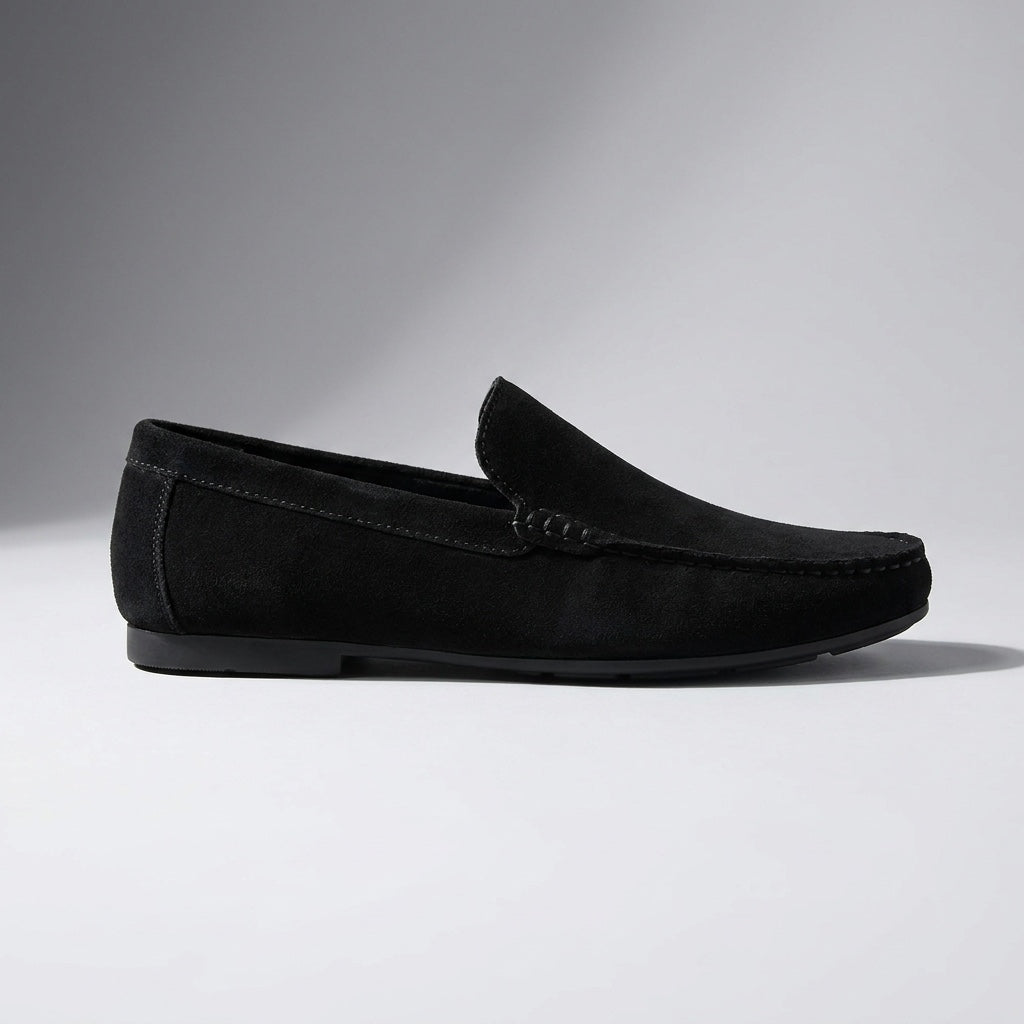 Recco Suede Loafers — Black, side profile studio view