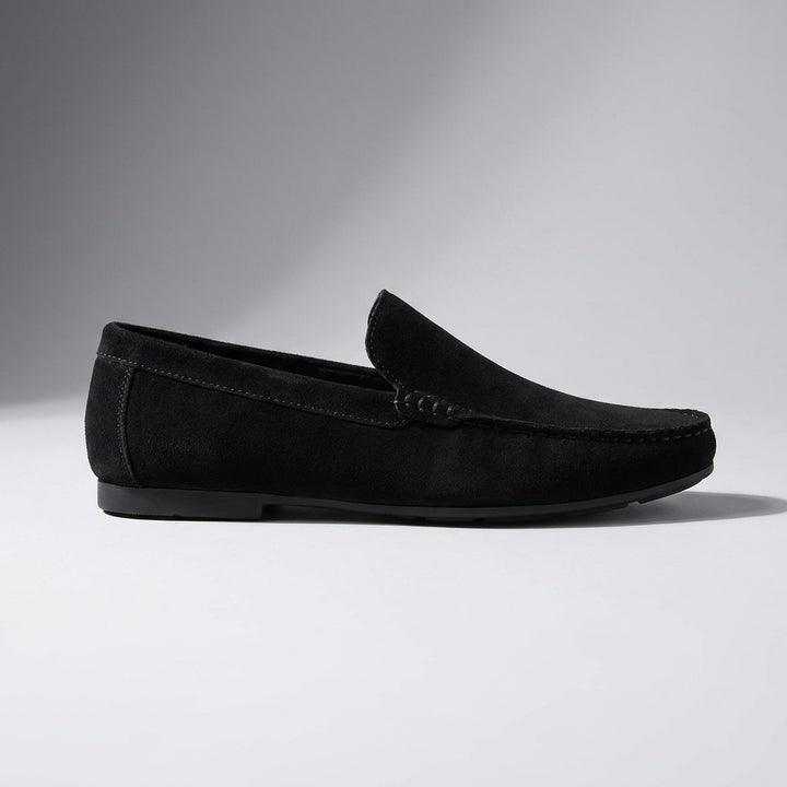 Recco Suede Loafers — Black, side profile studio view