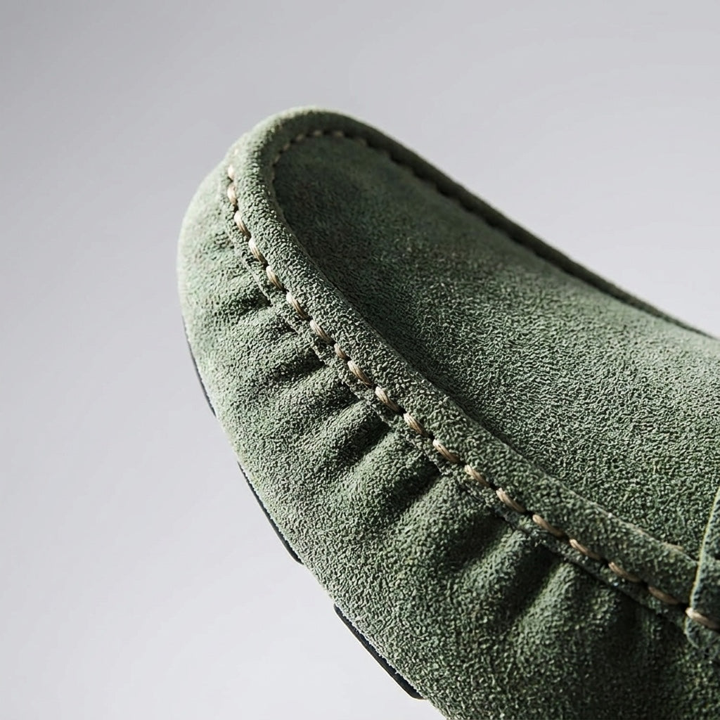Recco Suede Loafers — Green, hand-stitched seam close-up