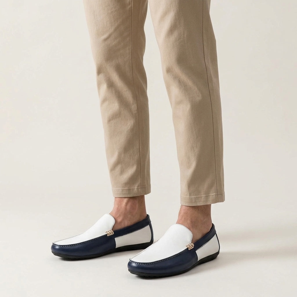Salerno Two-Tone Loafers — Navy &amp; White, worn with beige chinos, studio