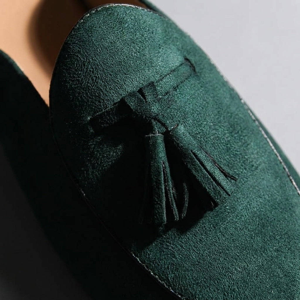 Fasano Suede Mules — Dark Green, close-up tassel and vamp suede texture