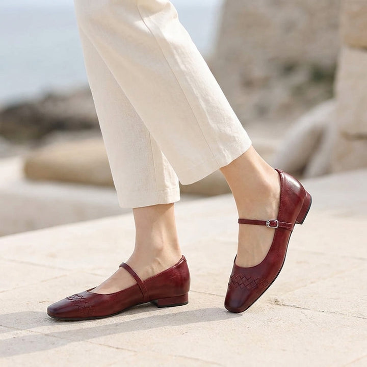 Verona Mary Janes — Wine, worn outdoors on a stone terrace, from the knee down