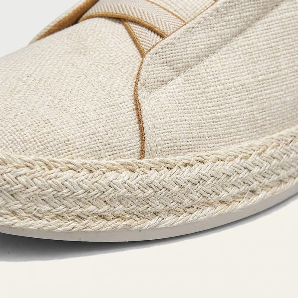Ponza Espadrille Sneakers — Cream, woven upper and rope trim close-up