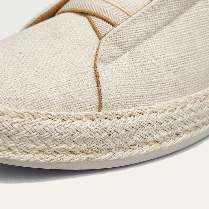Ponza Espadrille Sneakers — Cream, woven upper and rope trim close-up