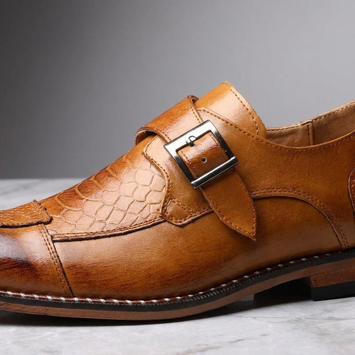 Arezzo Leather Monk Loafers — Camel, buckle and texture close-up