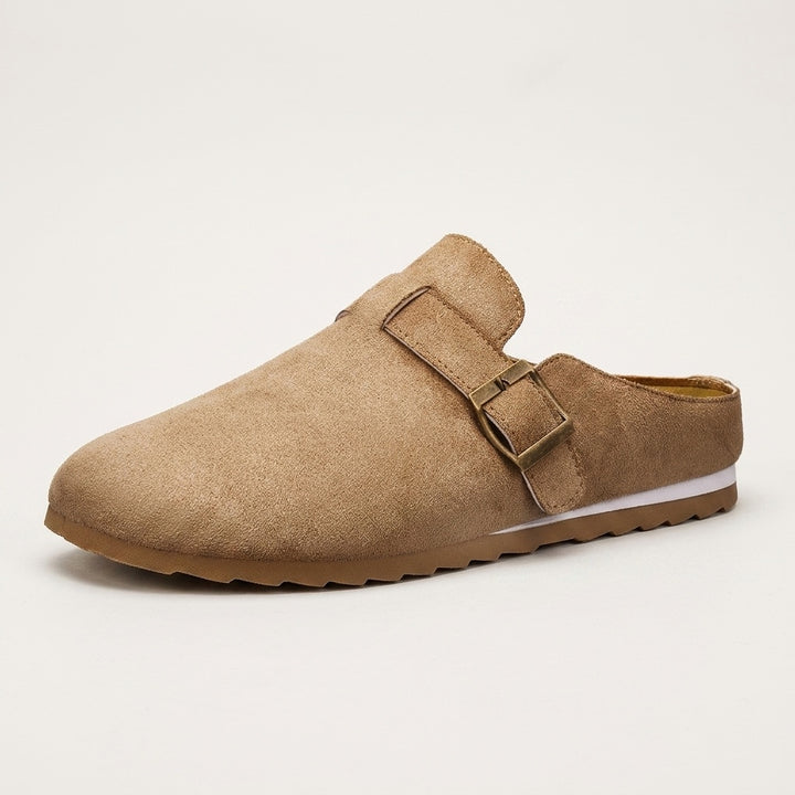 Ragusa Suede Mules — Camel, three-quarter studio view