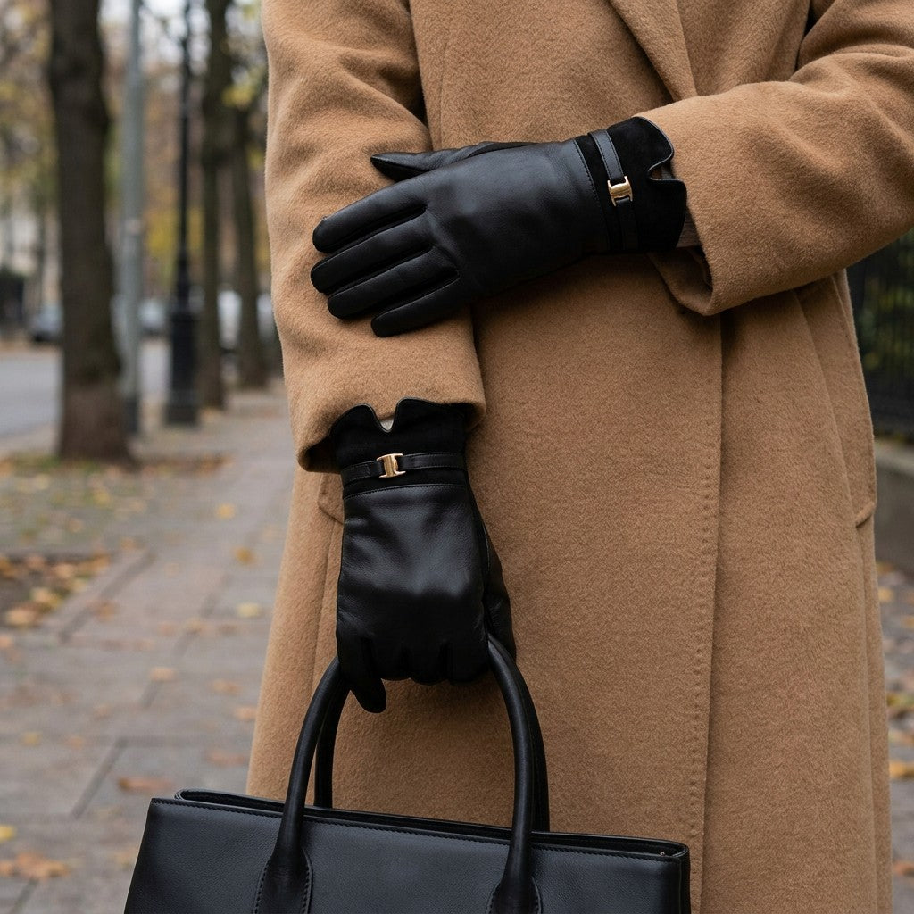 Bardolino Leather Gloves — Black, worn with a camel coat on an autumn street