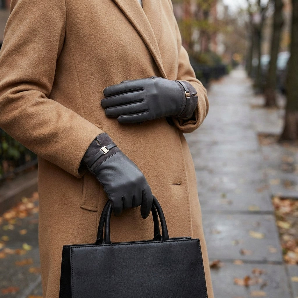 Bardolino Leather Gloves — Charcoal, worn with a camel coat on an autumn street
