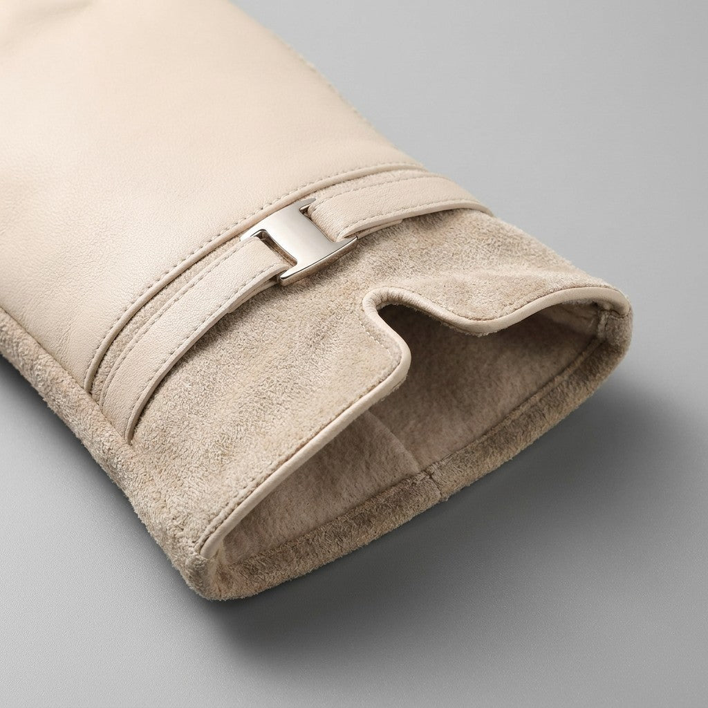 Bardolino Leather Gloves — Cream, close-up of cuff strap, gold buckle and lining