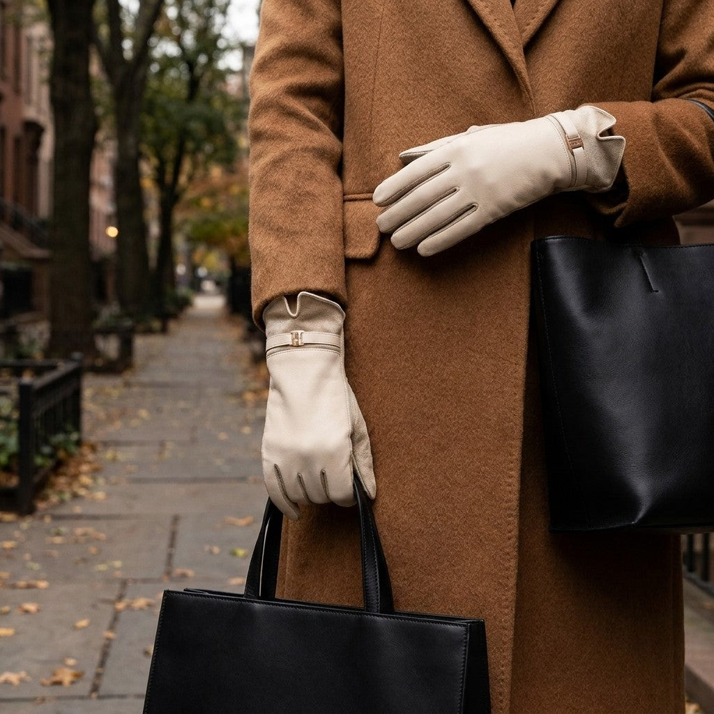 Bardolino Leather Gloves — Cream, worn with a camel coat on an autumn street