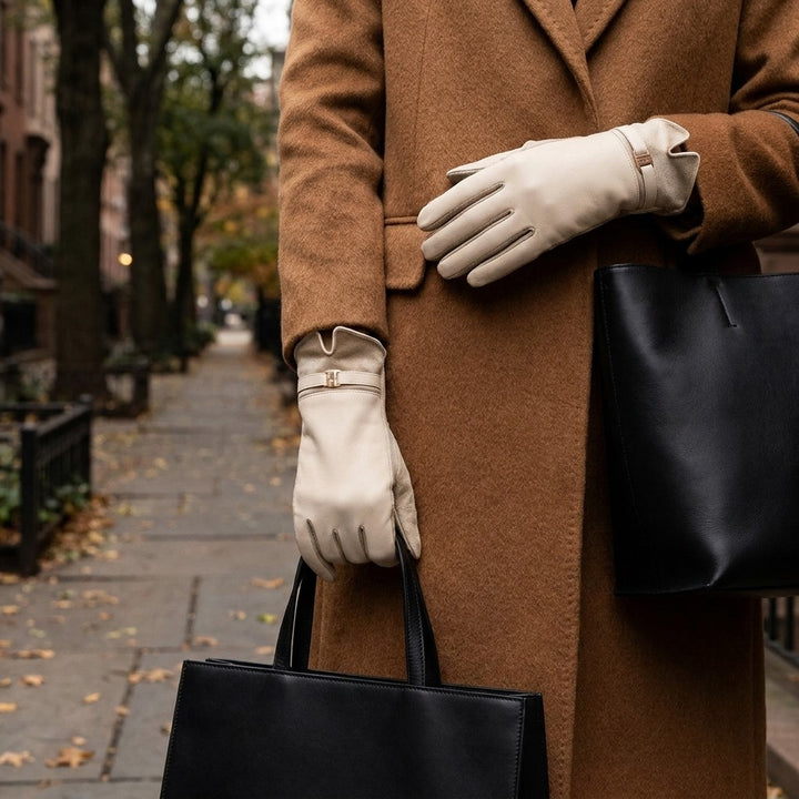 Bardolino Leather Gloves — Cream, worn with a camel coat on an autumn street