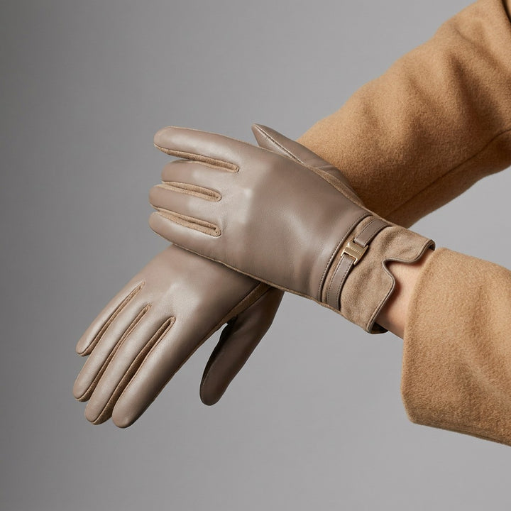 Bardolino Leather Gloves — Taupe, worn by a woman, studio