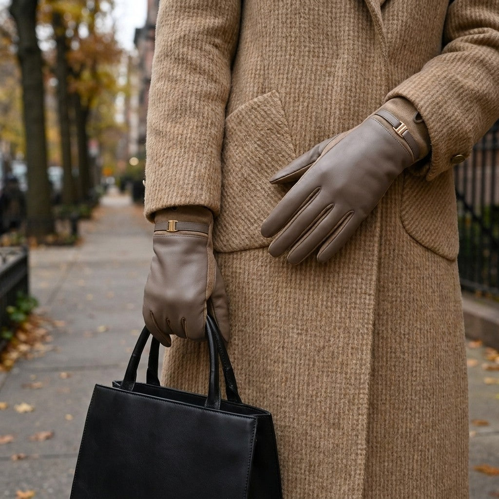 Bardolino Leather Gloves — Taupe, worn with a camel coat on an autumn street