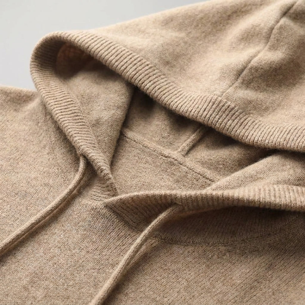 Nomad Merino Wool Hoodie — Beige, hood-opening construction crop