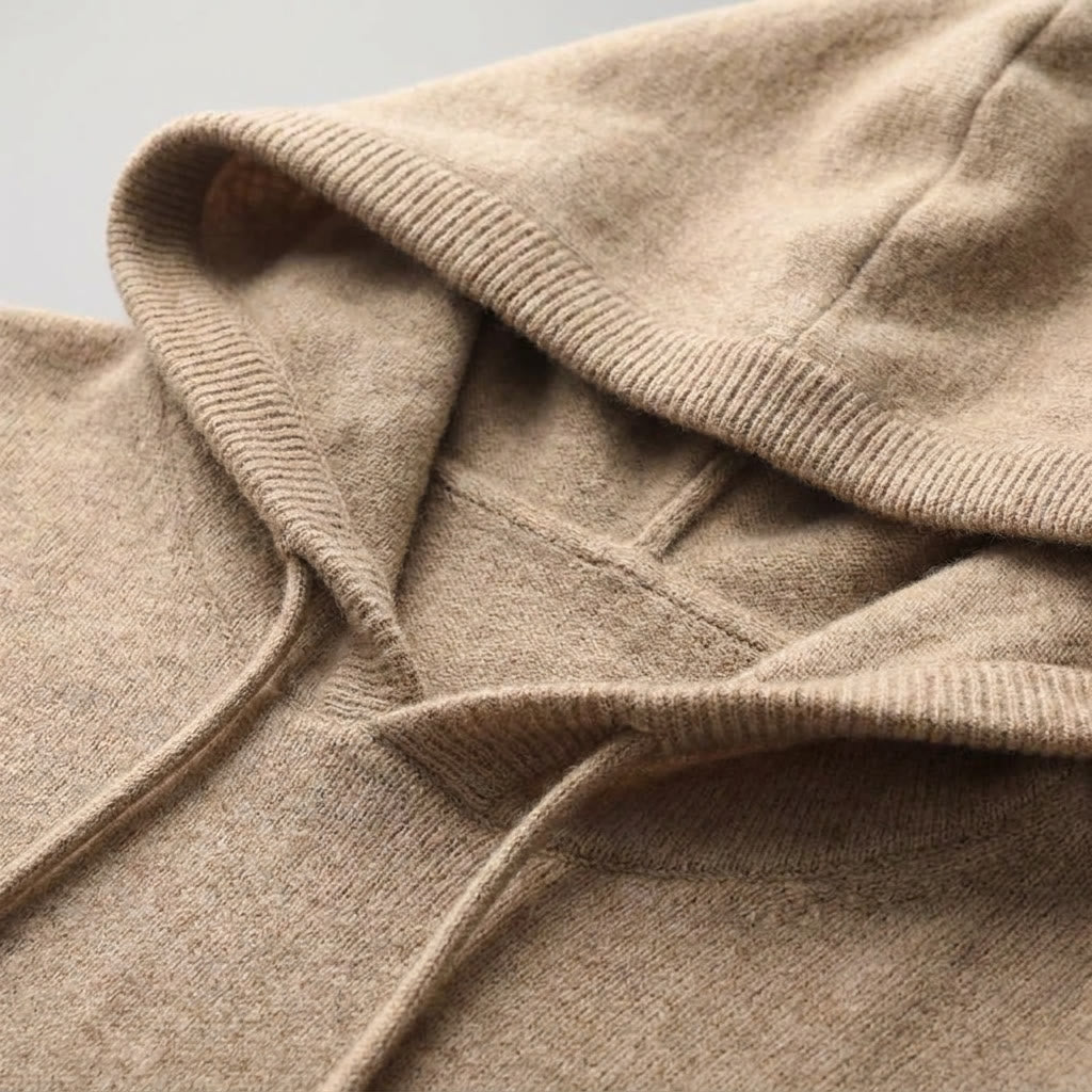 Nomad Merino Wool Hoodie — Beige, hood-opening construction crop