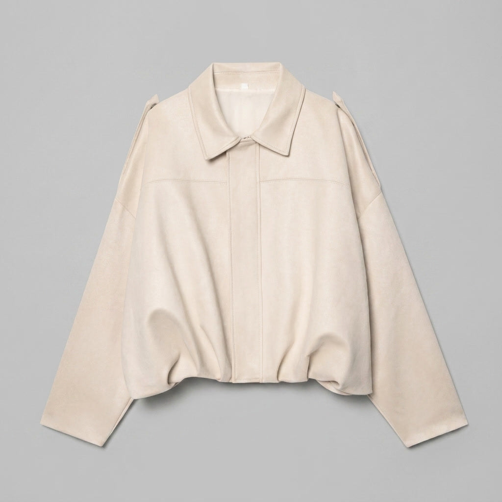 Feltre Suede Jacket — Beige, flat lay front on grey seamless