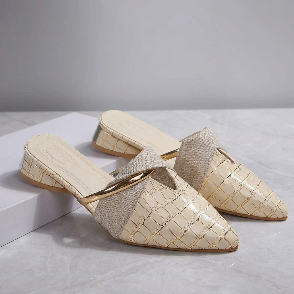 Orvieto Croc-Embossed Mules — Beige, pair on marble