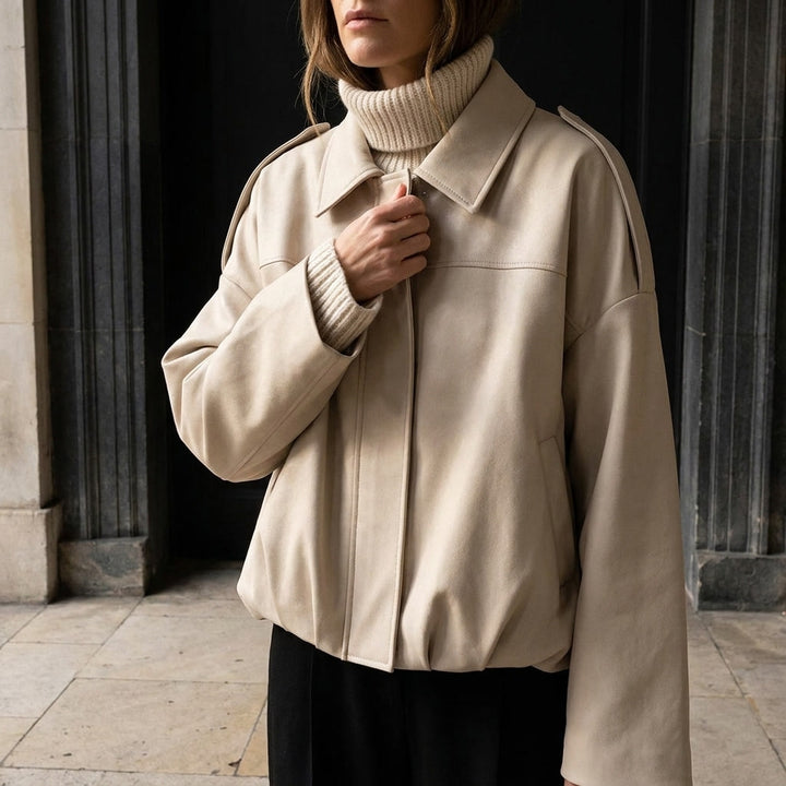 Feltre Suede Jacket — Beige, lifestyle worn detail
