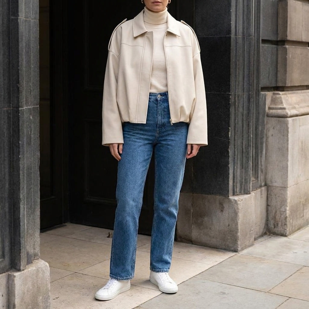 Feltre Suede Jacket — Beige, lifestyle full outfit