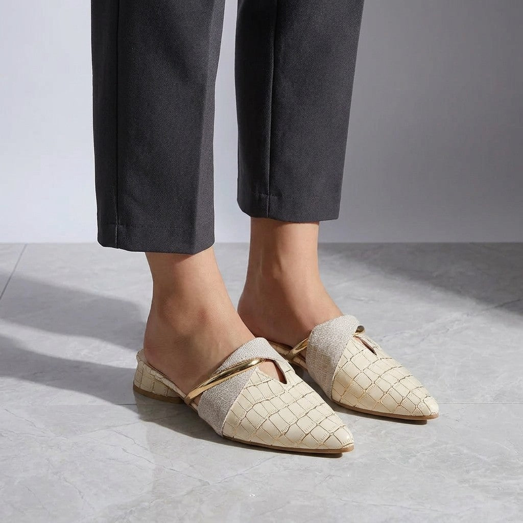 Orvieto Croc-Embossed Mules — Beige, on model knee-down studio