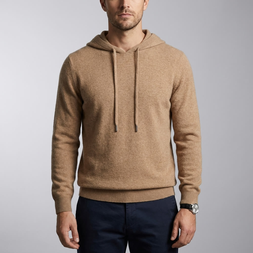 Nomad Merino Wool Hoodie — Beige, front on millennial model