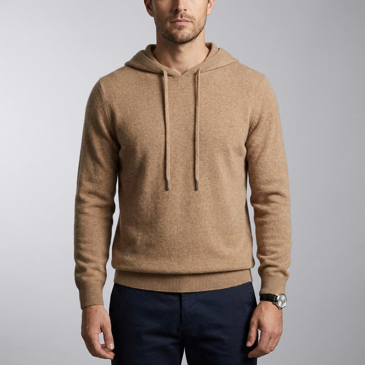 Nomad Merino Wool Hoodie — Beige, front on millennial model