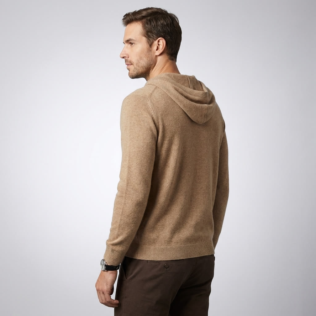 Nomad Merino Wool Hoodie — Beige, three-quarter back on millennial model