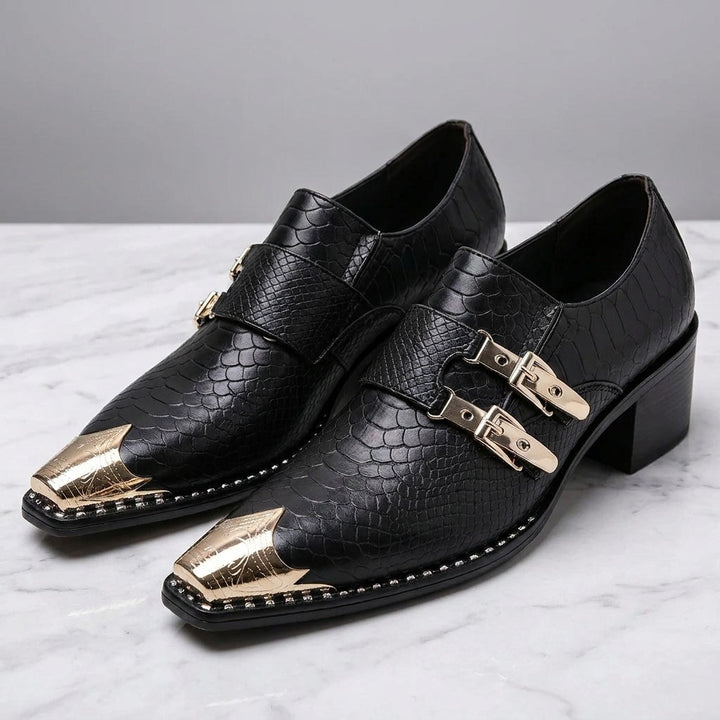 Snakeskin Monk Shoes — Black, hero three-quarter pair