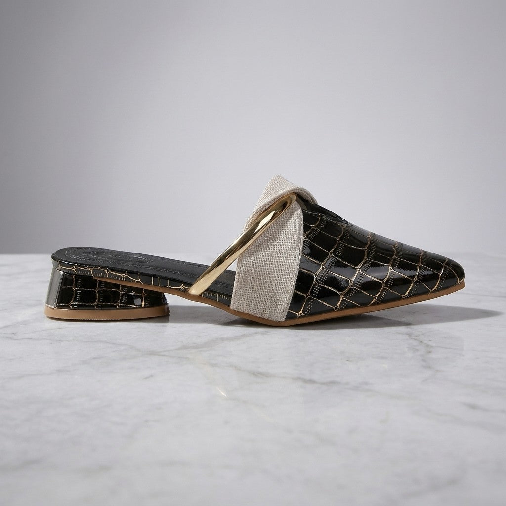Orvieto Croc-Embossed Mules — Black, side profile