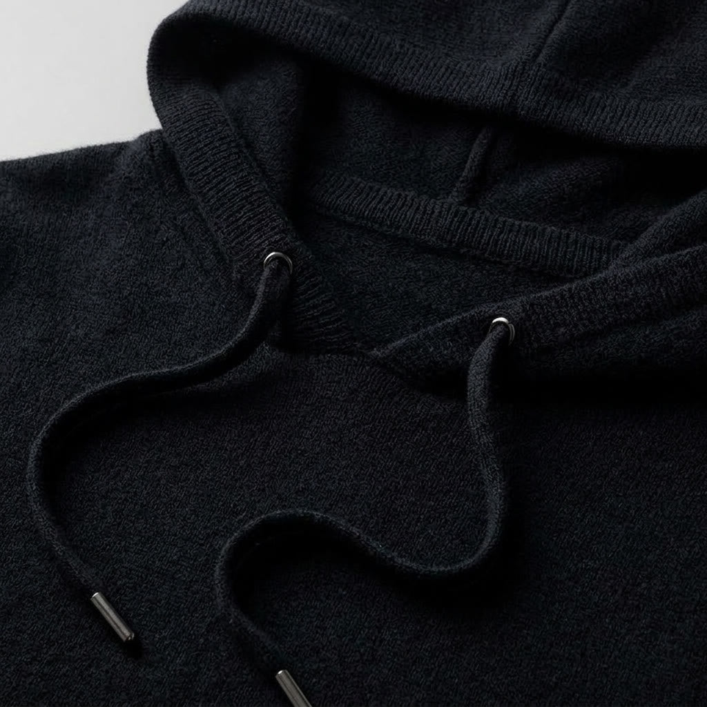 Nomad Merino Wool Hoodie — Black, hood-opening construction crop