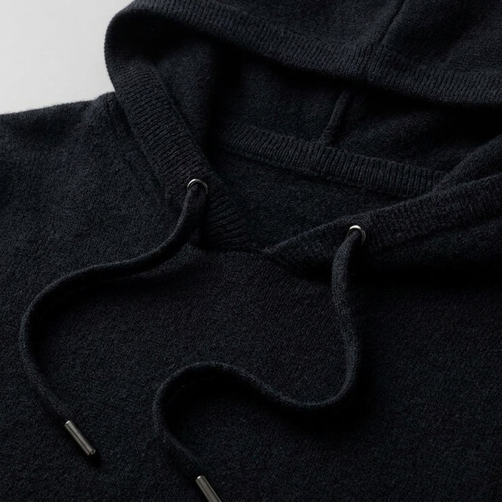 Nomad Merino Wool Hoodie — Black, hood-opening construction crop