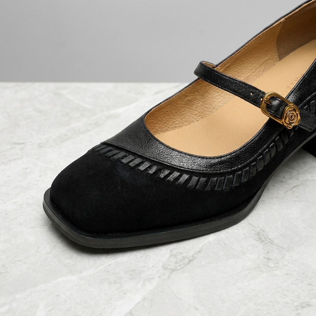 Pescara Buckle Mary Janes — Black, construction close-up