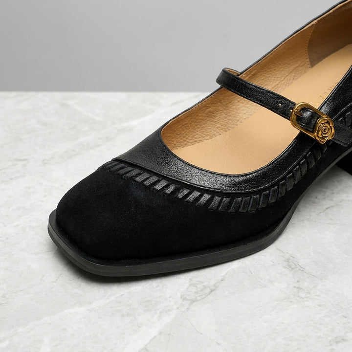 Pescara Buckle Mary Janes — Black, construction close-up