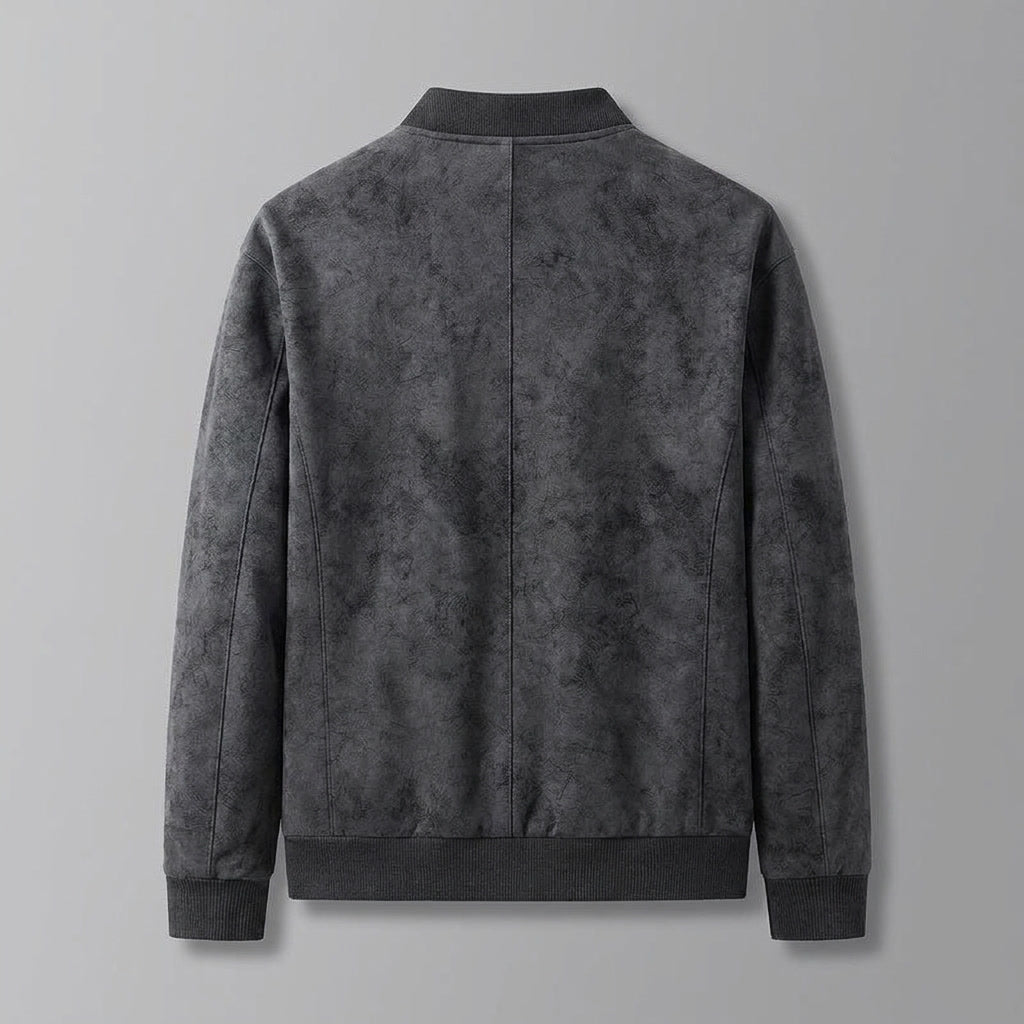 Union Bomber Jacket — Black, flat lay back on grey seamless