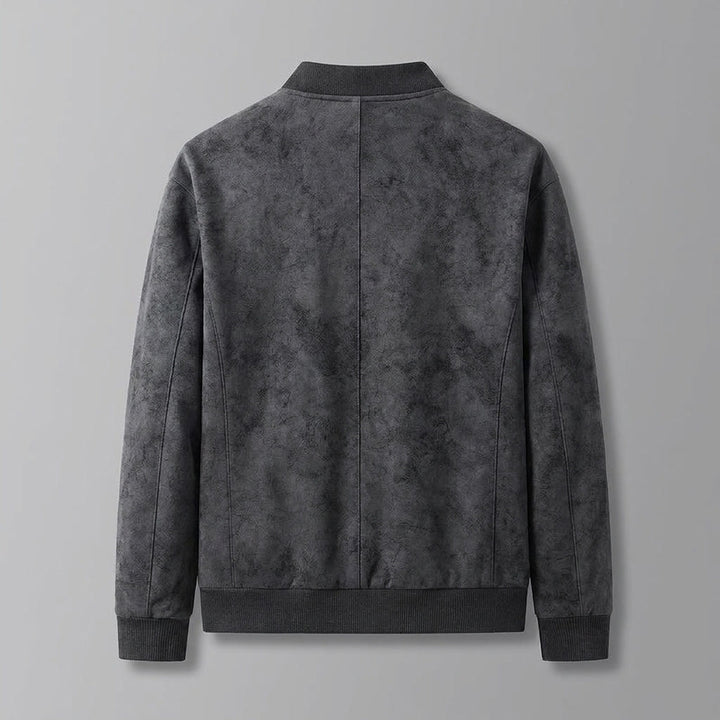 Union Bomber Jacket — Black, flat lay back on grey seamless