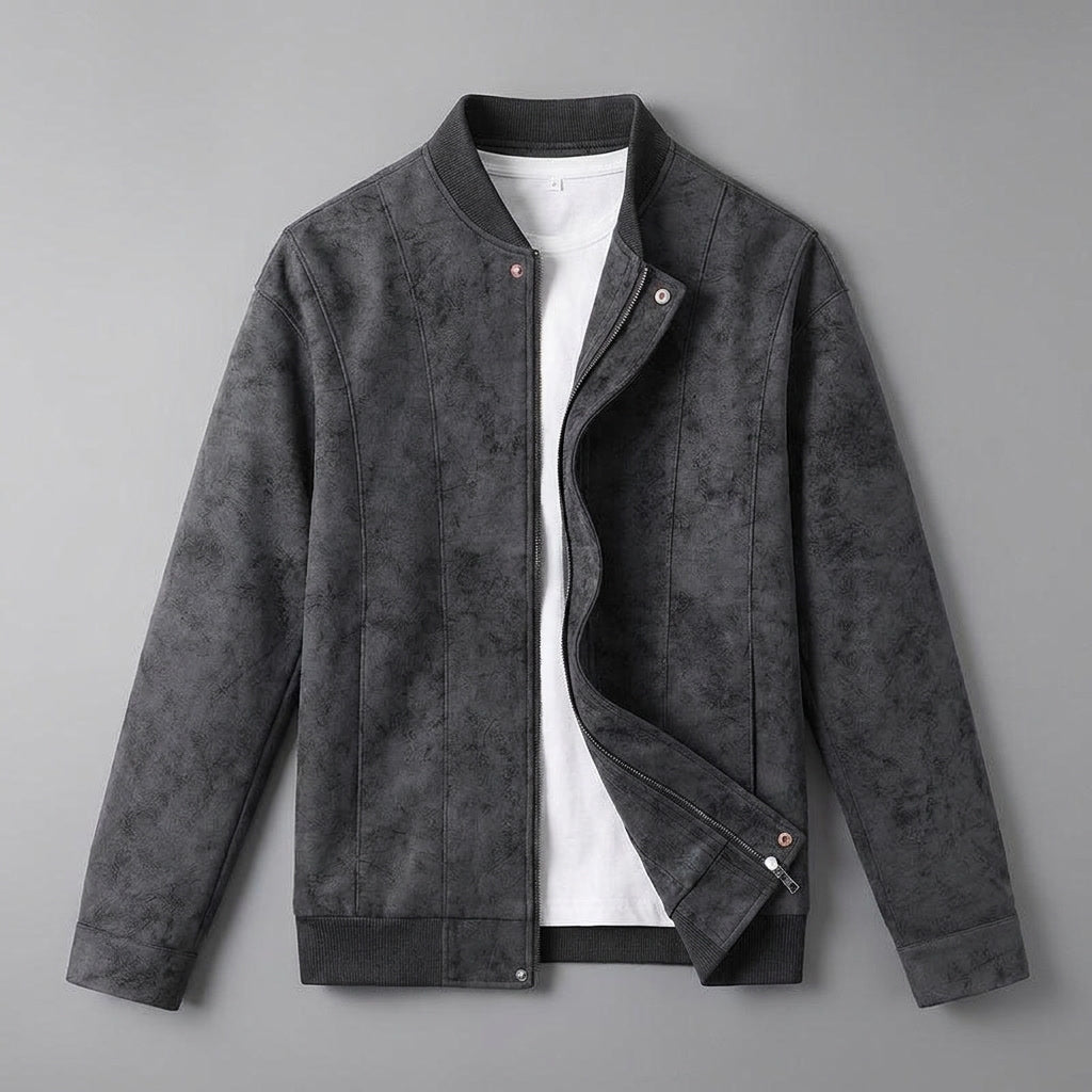 Union Bomber Jacket — Black, flat lay front on grey seamless