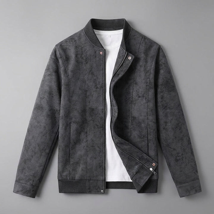 Union Bomber Jacket — Black, flat lay front on grey seamless