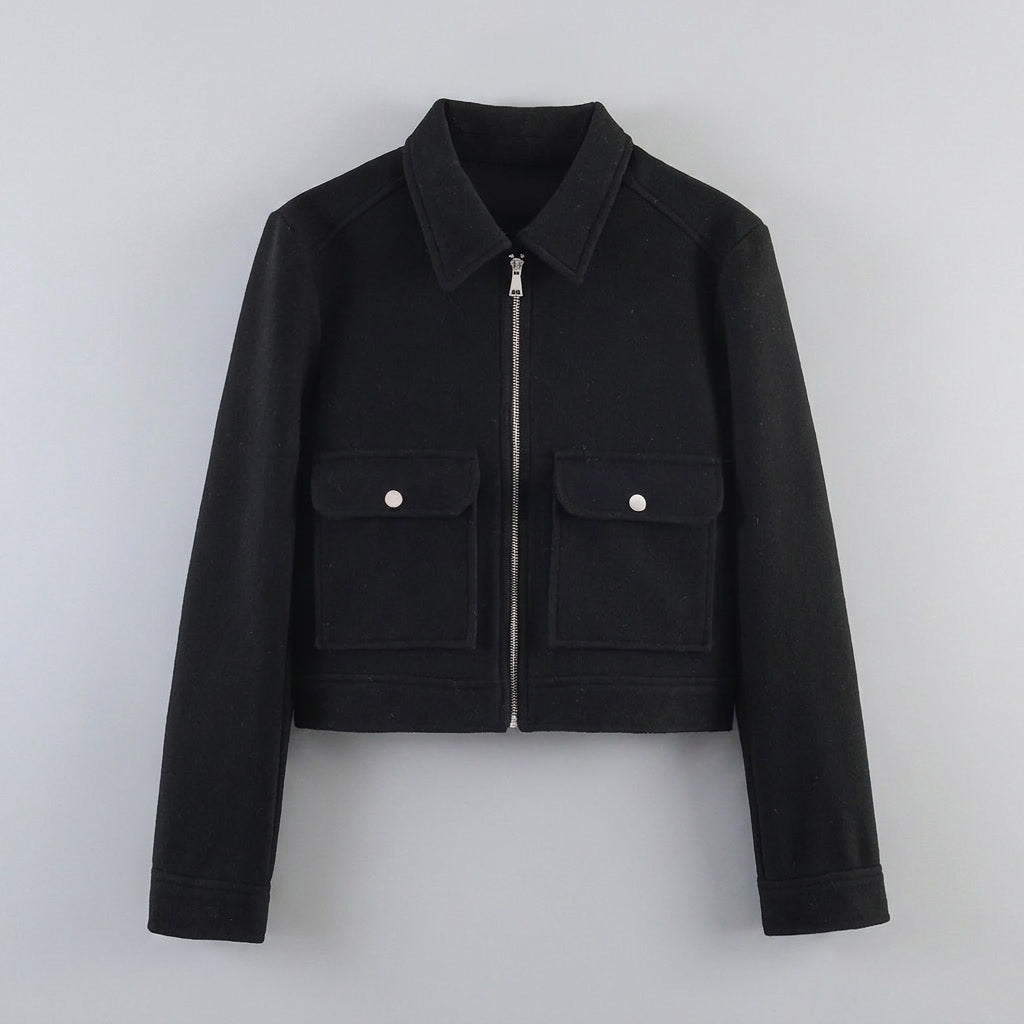 Padova Cropped Jacket — Black, flat lay front on grey seamless