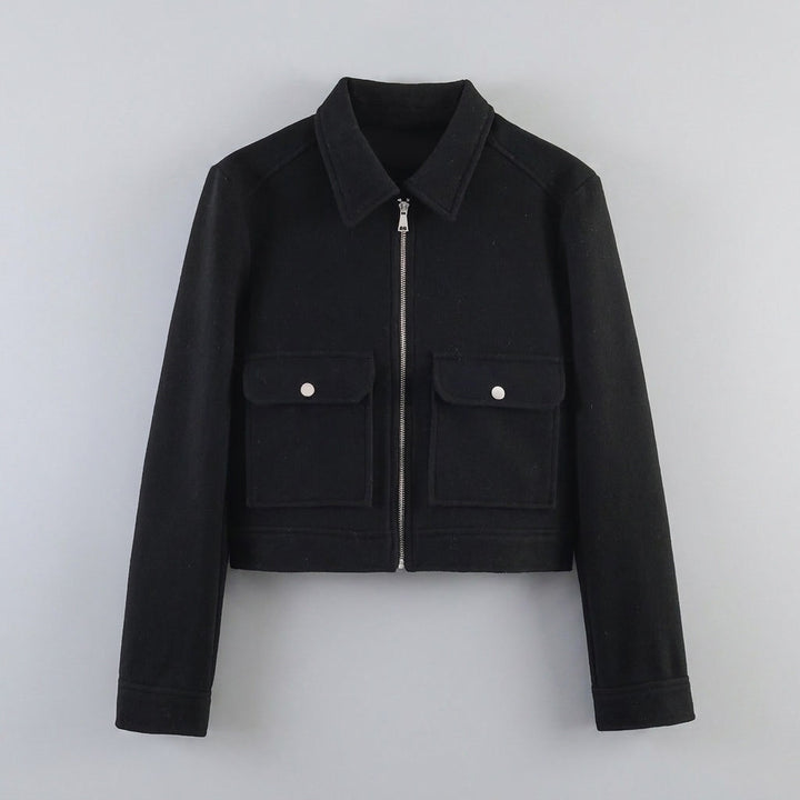 Padova Cropped Jacket — Black, flat lay front on grey seamless