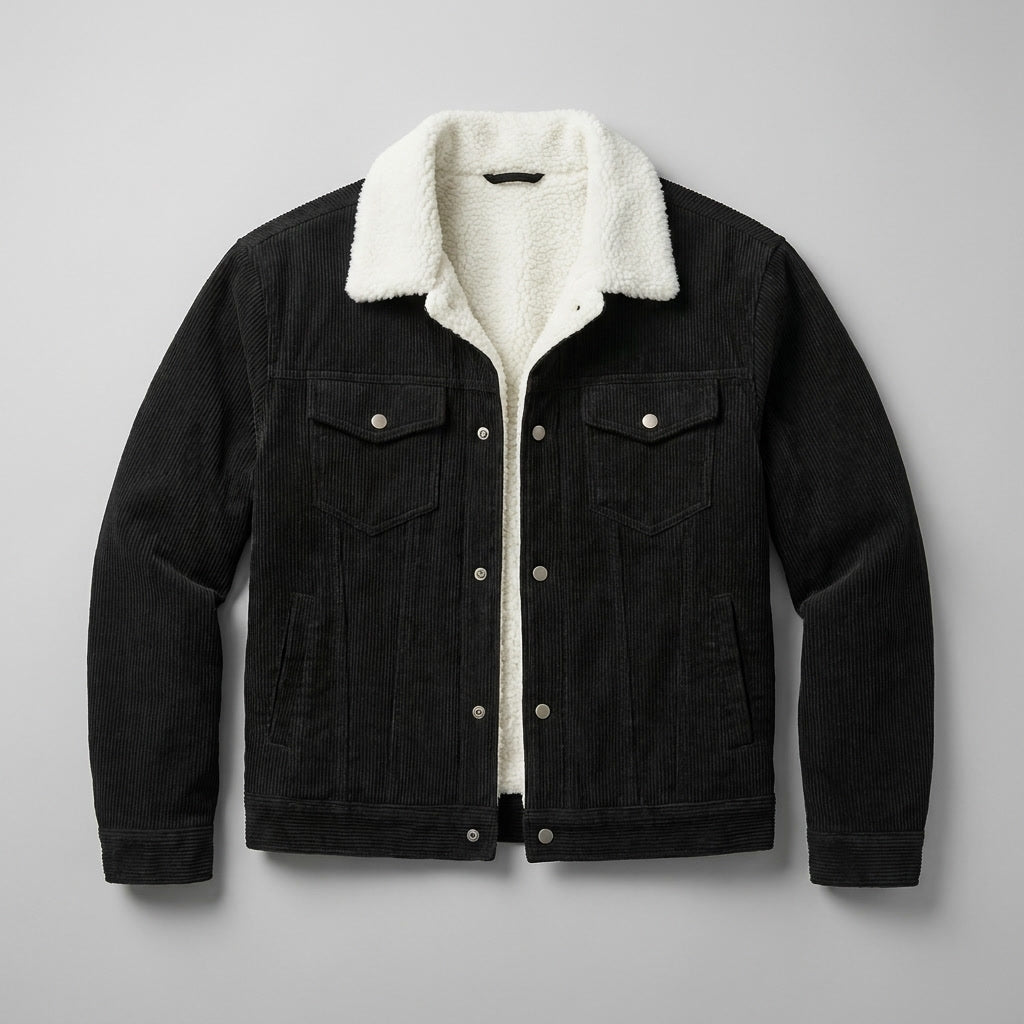 Hudson Corduroy Jacket — Black, flat lay front on grey seamless