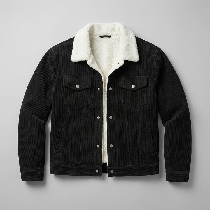 Hudson Corduroy Jacket — Black, flat lay front on grey seamless